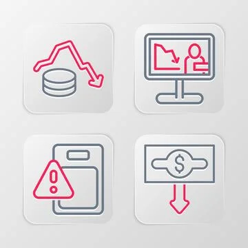 Set line Dollar rate decrease, Global economic crisis, news and  icon. Vector Stock Illustration