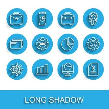 Set line Dollar, share, network, Pie chart infographic, Briefcase, Computer Illustrazione stock