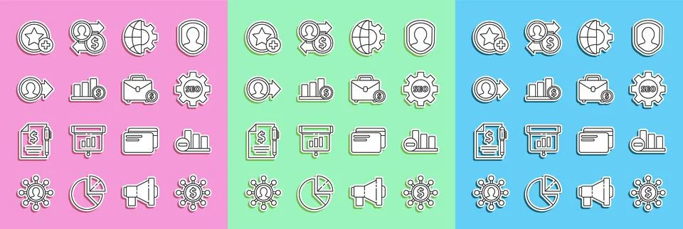 Set line Dollar, share, network, Pie chart infographic, Seo tag with gear wheel Stock-Illustration