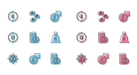 Set line Dollar, share, network, Financial growth and pound, Coin money wit.. Stock Illustration