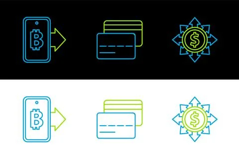 Set line Dollar, share, network, Mining bitcoin from mobile and Credit card.. Stock Illustration