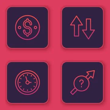 Set line Dollar symbol, Clock, Arrow and . Blue square button. Vector Stock Illustration