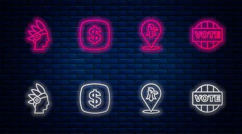 Set line Dollar symbol, Eagle, Native American Indian and Vote. Glowing neon  Stock Illustration