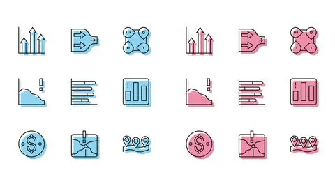 Set line Dollar symbol, Intersection point, Pie chart infographic, Location Illustrazione stock