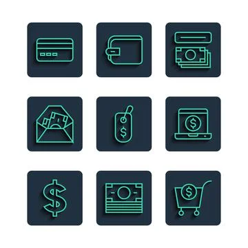 Set line Dollar symbol, Stacks paper money cash, Shopping cart and dollar, ATM 스톡 일러스트