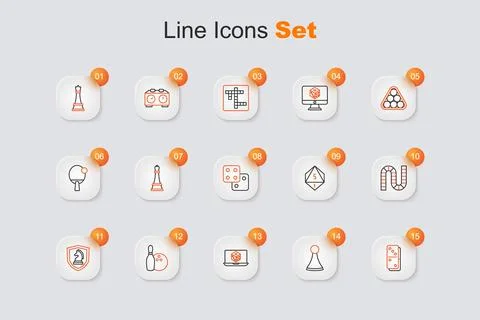 Set line Domino, Chip for board game, Game dice, Bowling pin and ball, Ches.. Stock Illustration