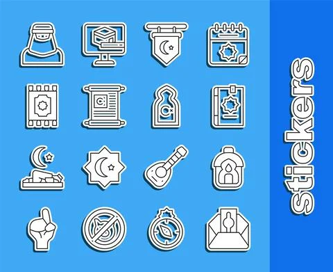 Set line Donate or pay your zakat, Ramadan Kareem lantern, Holy book of Koran Stock Illustration