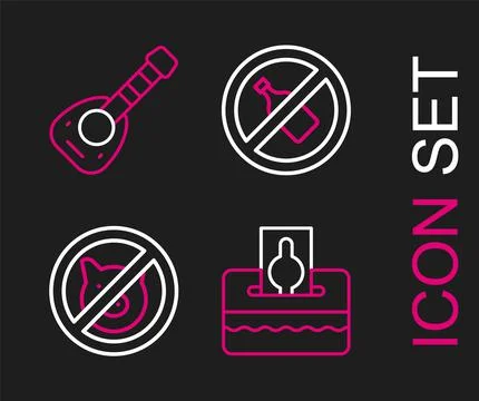 Set line Donate or pay your zakat, No pig, alcohol and Lute icon. Vector Stock Illustration