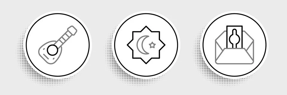 Set line Donate or pay your zakat, Lute and Octagonal star icon. Vector Stock Illustration