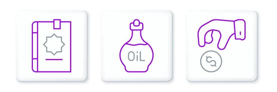Set line Donate or pay your zakat, Holy book of Koran and Essential oil bot.. Stock Illustration