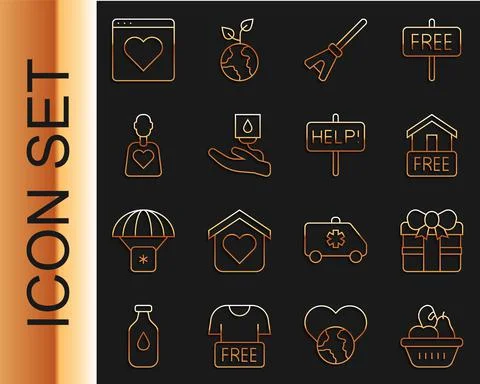 Set line Donation food box, Gift, Free home delivery, Mop, Blood donation Stock Illustration