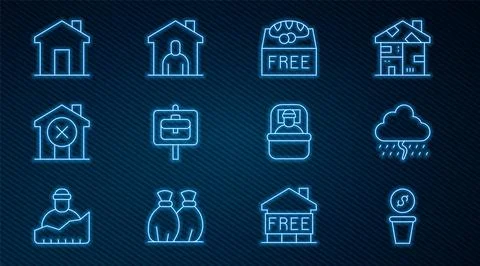 Set line Donation money, Cloud with rain, food, Work search, No house, Real.. Stock Illustration