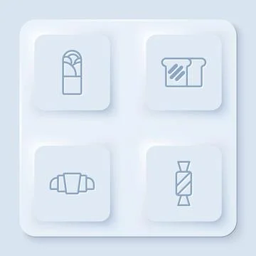 Set line Doner kebab, Bread toast, Croissant and Candy. White square button Illustrazione stock