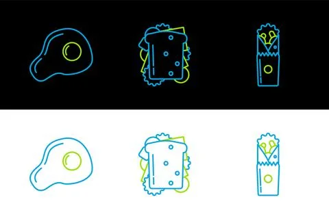 Set line Doner kebab, Scrambled eggs and Sandwich icon. Vector Stock Illustration
