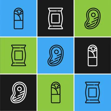 Set line Doner kebab, Steak meat and Bag or packet potato chips icon. Vector Stock Illustration