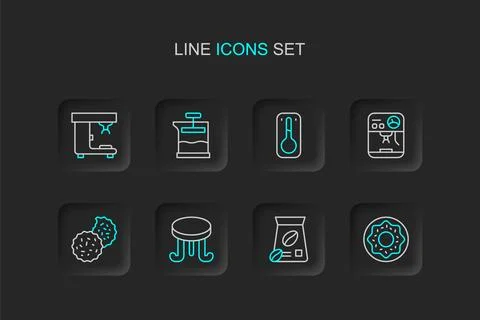 Set line Donut, Bag of coffee beans, Coffee table, Cookie or biscuit, machi.. Stock Illustration