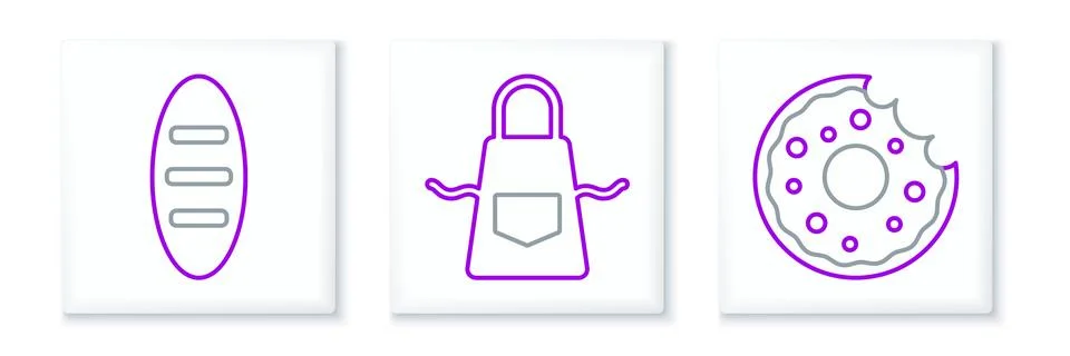 Set line Donut, Bread loaf and Kitchen apron icon. Vector Stock Illustration