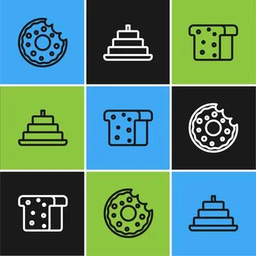 Set line Donut, Bread toast and Cake with burning candles icon. Vector イラスト素材