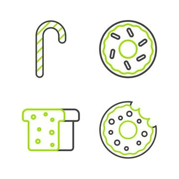 Set line Donut, Bread toast, and Christmas candy cane icon. Vector Stockillustratie