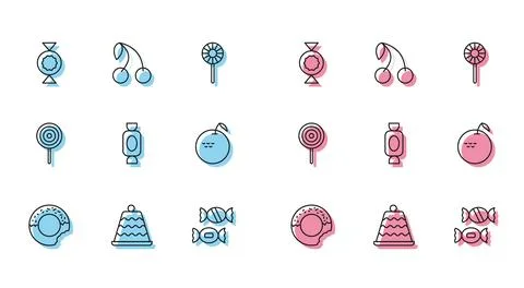 Set line Donut, Cake, Candy, Apple, Lollipop and Cherry icon. Vector Stock Illustration