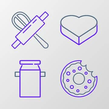 Set line Donut, Can container for milk, Candy heart shaped box and Kitchen whisk Stock Illustration