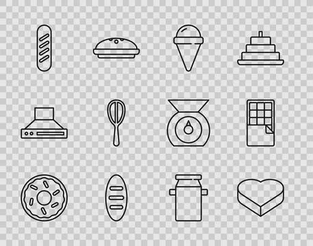 Set line Donut, Candy in heart shaped box, Ice cream waffle cone, Bread loa.. Stock Illustration