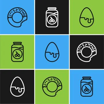 Set line Donut, Chocolate egg and Cherry jam jar icon. Vector Stock Illustration
