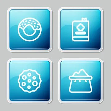 Set line Donut, Cookbook, Cookie or biscuit and Bag of flour icon. Vector Stock Illustration