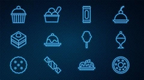Set line Donut, Ice cream in bowl, Candy, Cake, Brownie chocolate cake, Cot.. Stock Illustration