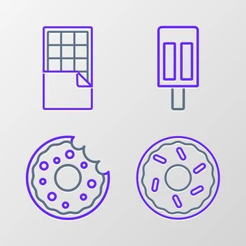 Set line Donut, Ice cream and Chocolate bar icon. Vector Stock Illustration