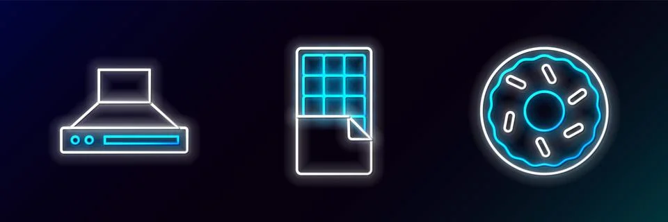Set line Donut, Kitchen extractor fan and Chocolate bar icon. Glowing neon... Stock Illustration