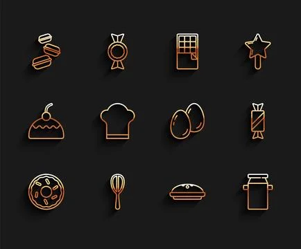 Set line Donut, Kitchen whisk, Macaron cookie, Homemade pie, Can container .. Stock Illustration
