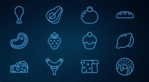 Set line Donut, Lemon, Tomato, Strawberry, Steak meat, Chicken leg, Muffin .. Stock Illustration