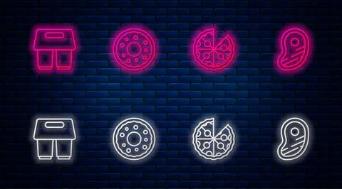 Set line Donut, Pizza, Coffee cup to go and Steak meat. Glowing neon icon on Stock Illustration