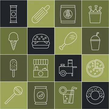 Set line Donut, Pizza, Milkshake, Hard bread chucks crackers, Burger, Ice cre Stockillustratie