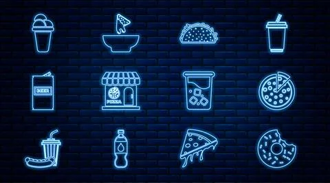Set line Donut, Pizza, Taco with tortilla, Pizzeria building facade, Beer can Ilustración de archivo