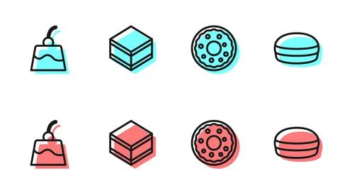 Set line Donut, Pudding custard, Brownie chocolate cake and Macaron cookie icon Stockillustratie
