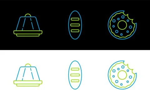 Set line Donut, Pudding custard and Bread loaf icon. Vector Illustrazione stock