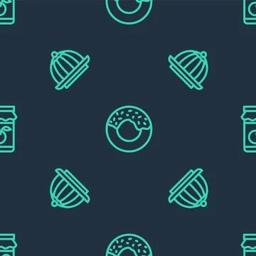 Set line Donut, Pudding custard and Jam jar on seamless pattern. Vector Stock Illustration