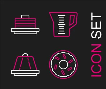 Set line Donut, Pudding custard, Measuring cup and Stack of pancakes icon. .. Stock Illustration