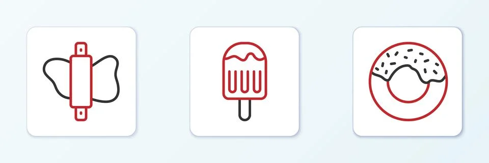 Set line Donut, Rolling pin dough and Ice cream icon. Vector 库存插图