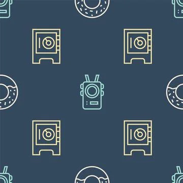 Set line Donut, Safe and Police body camera on seamless pattern. Vector Stock Illustration