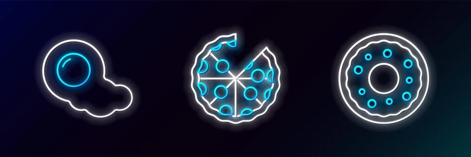 Set line Donut, Scrambled eggs and Pizza icon. Glowing neon. Vector Stock Illustration