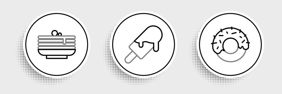 Set line Donut, Stack of pancakes and Ice cream icon. Vector Stock Illustration