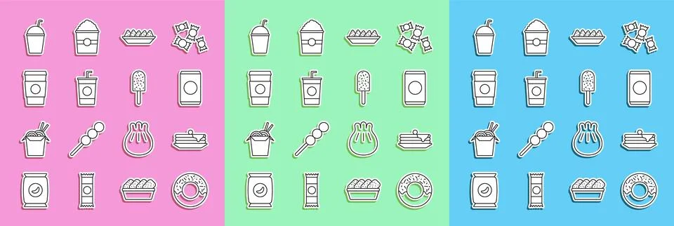 Set line Donut, Stack of pancakes, Soda can with straw, Nachos in plate, Paper Stock Illustration