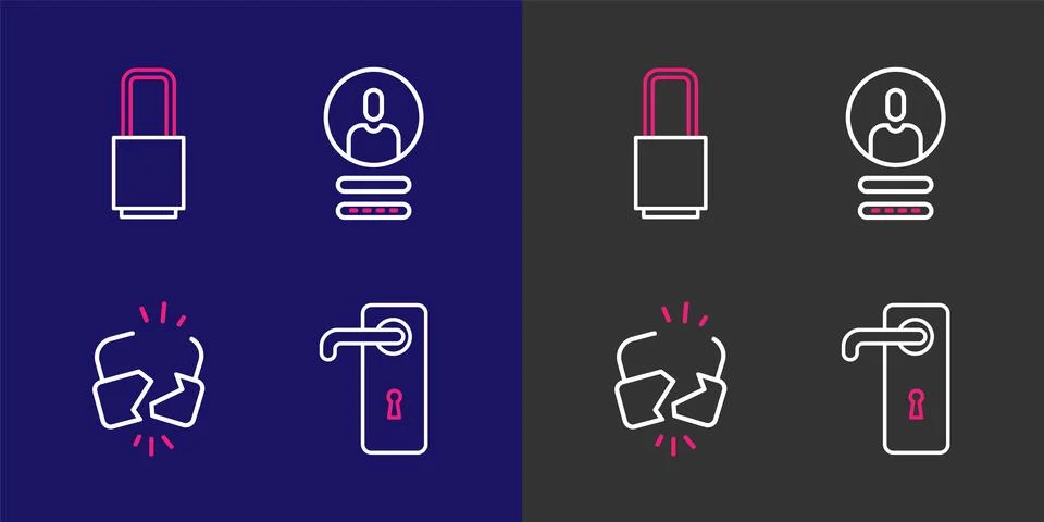 Set line Door handle, Broken cracked lock, Create account screen and Lock i.. Stock Illustration