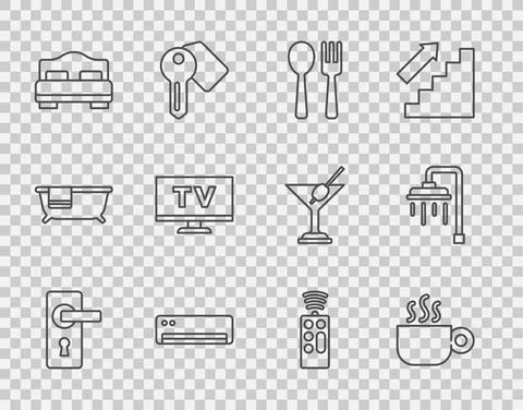 Set line Door handle, Coffee cup, Fork spoon, Air conditioner, Hotel room bed Illustration