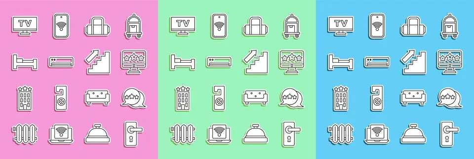 Set line Door handle, Five stars rating review, Suitcase, Air conditioner, Hotel Illustration