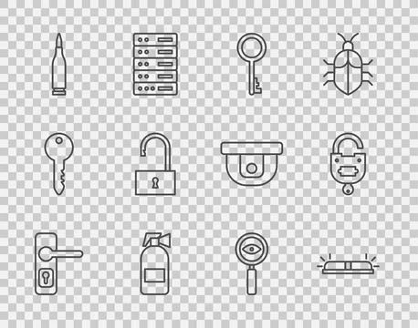 Set line Door handle, Flasher siren, Old key, Fire extinguisher, Bullet, Open Illustration