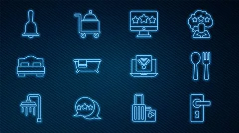 Set line Door handle, Fork spoon, Five stars rating review, Bathtub, Hotel room Stock Illustration